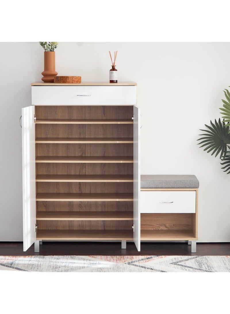 Home Box Capri 15-Pair Shoe Cabinet with Bench and Cushion 37x130x128 cm | 2 Drawers | 2 Doors| 6 Shelves | White | Engineered Wood With Foil Veneer - Image 5